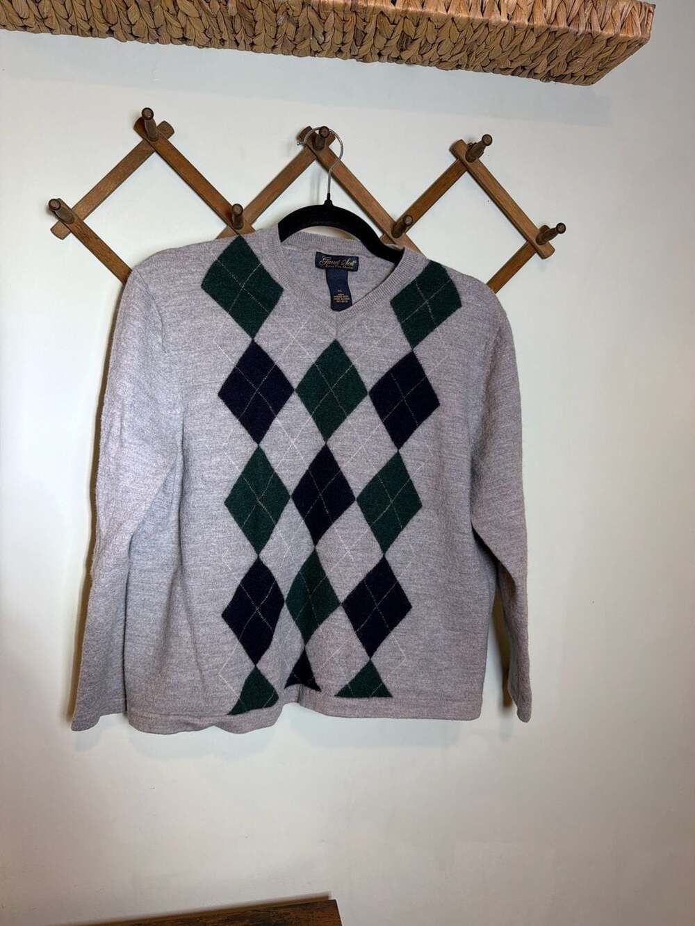 Garret Scott Extra Fine Merino Wool Argyle V-Neck Sweater Grey XL